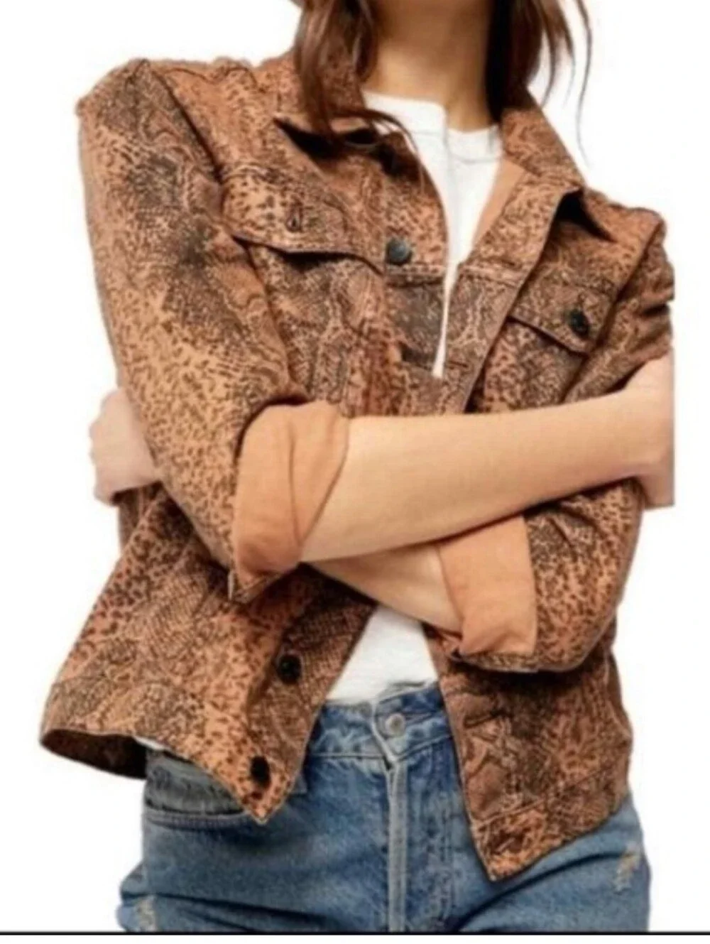 Free People Tucker Brown Snake-Print Denim Jacket Large - Picture 3 of 9